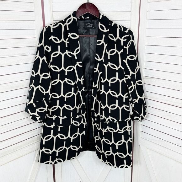 Milk & Honey Printed Ruched Sleeve Blazer Jacket Black White Small Chain Link - Picture 10 of 15